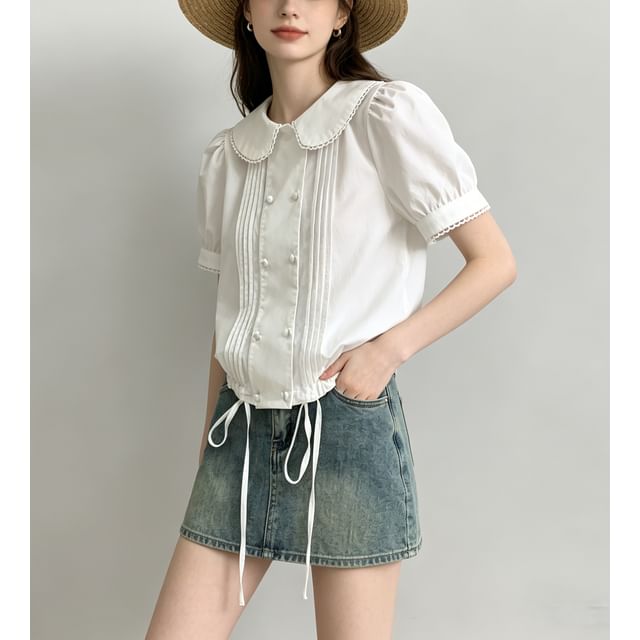 Sweet Amour-Short Sleeve Peter Pan Collar Pleated Drawstring Loose-Fit Blouse