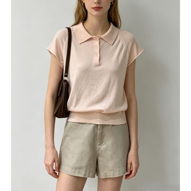 Sweet Amour-Short Sleeve Plain Knitted Polo Top