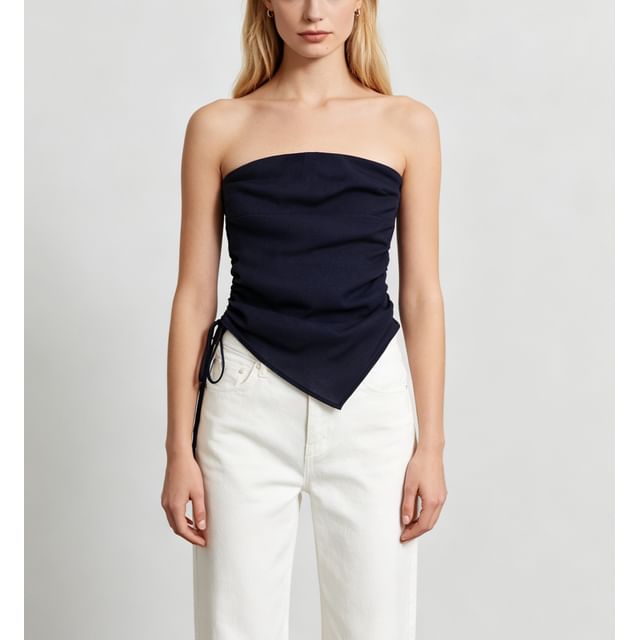 Sweet Amour-Side Drawstring Plain Asymmetric Hem Tube Top