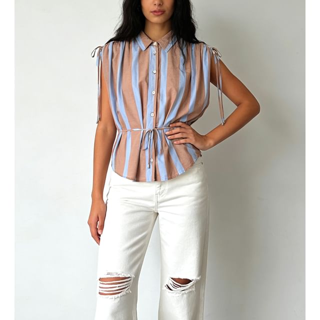Sweet Amour-Sleeveless Drawstring Striped Shirt