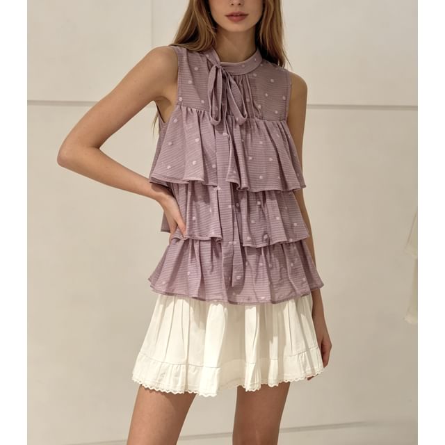 Sweet Amour-Sleeveless Polka Dot Mesh Panel Tiered Top