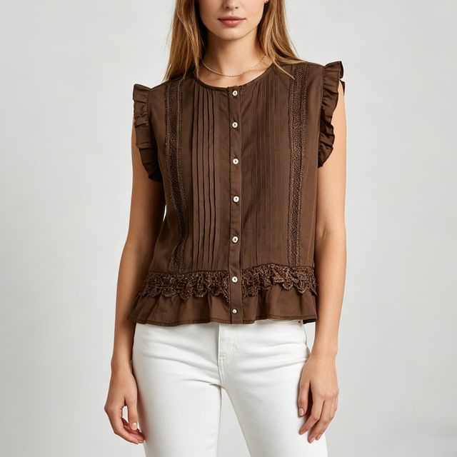 Sweet Amour-Sleeveless Ruffled-Trim Plain Lace Panel Blouse