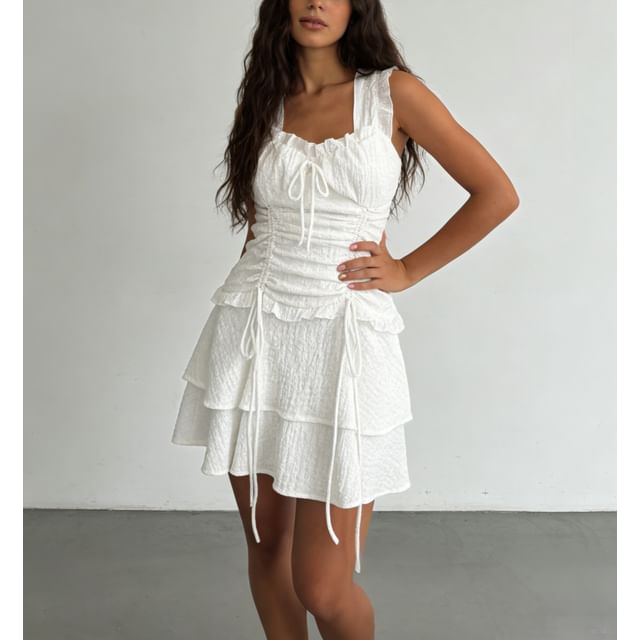 Sweet Amour-Sleeveless Square-Neck Plain Drawstring Ruched Tiered Mini Dress