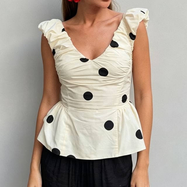 Sweet Amour-Sleeveless V-Neck Dotted Ruched Top
