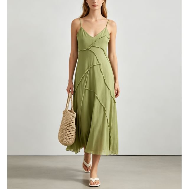 Sweet Amour-Spaghetti Strap Plain Patchwork Midi A-Line Dress