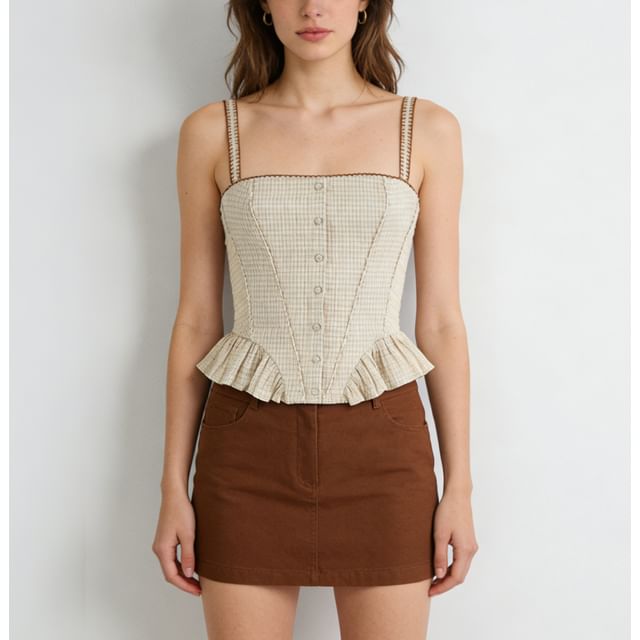 Sweet Amour-Square Neck Plaid Ruffled Hem Button Up Tank Top