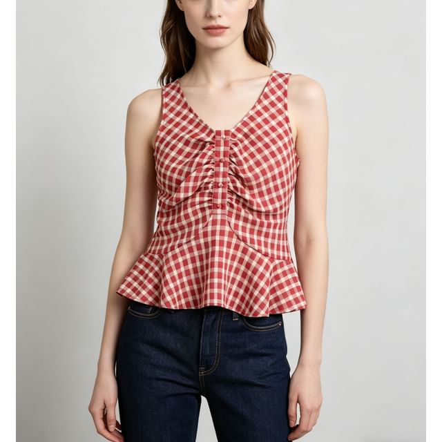 Sweet Amour-V-Neck Gingham Ruched Ruffled Hem Tank Top