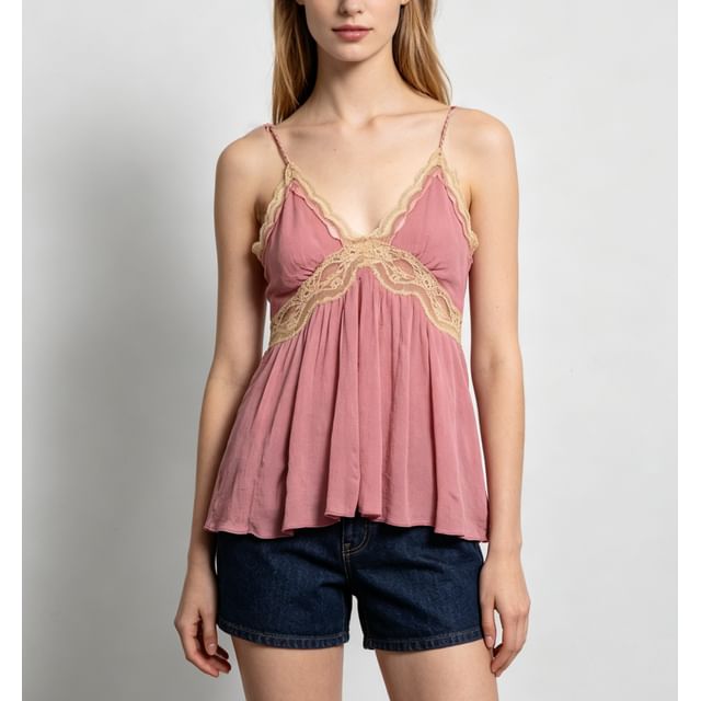 Sweet Amour-V-Neck Lace Panel Camisole Top