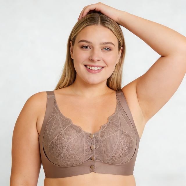 Sweet Lavendra-90B - 110D Plus Size Lace Panel Button-Up Wireless Bra