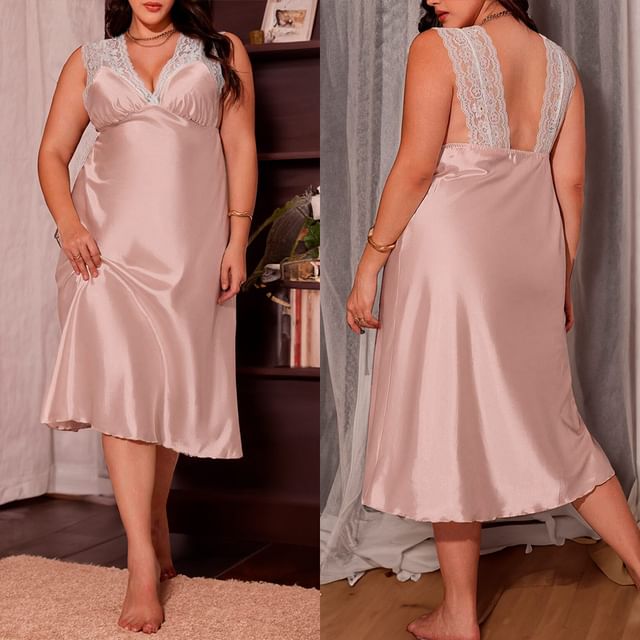 Sweet Lavendra-Plus Size Sleeveless V-Neck Open Back Lace Panel Midi Sleep Dress