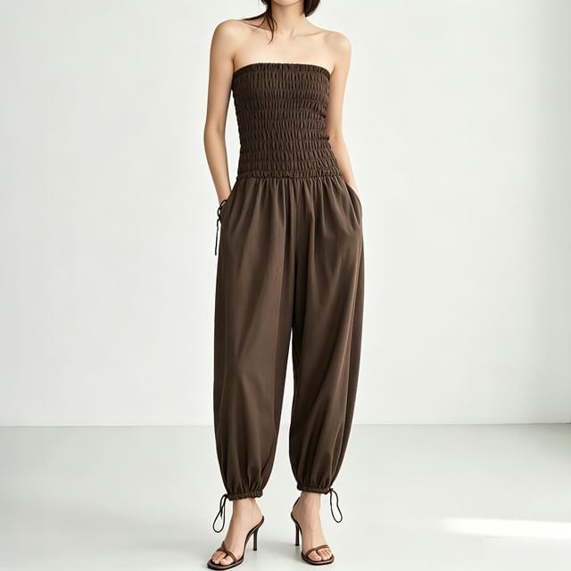 Synclo-Plain Shirred Balloon Tube Jumpsuit