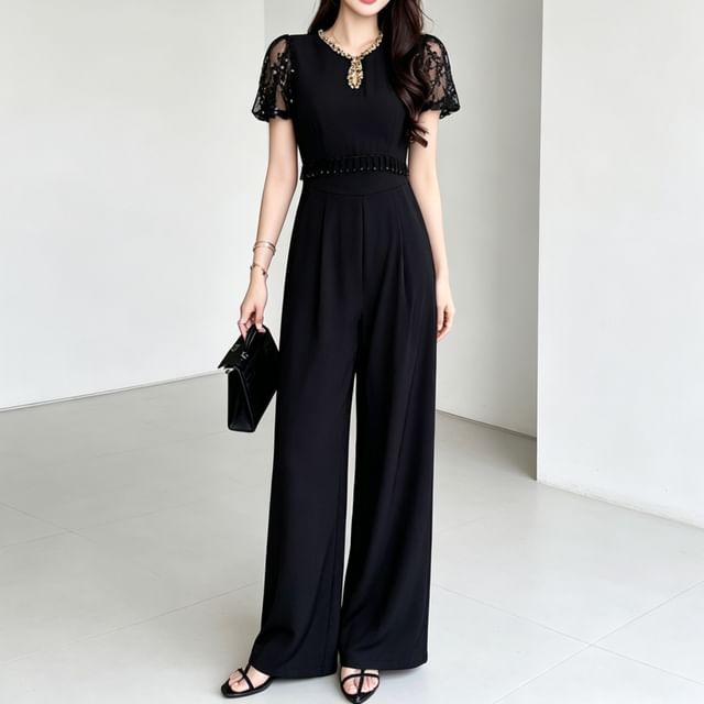 Synclo-Short Sleeve Round Neck Sequin Keyhole Panel Mesh Wide Leg Jumpsuit
