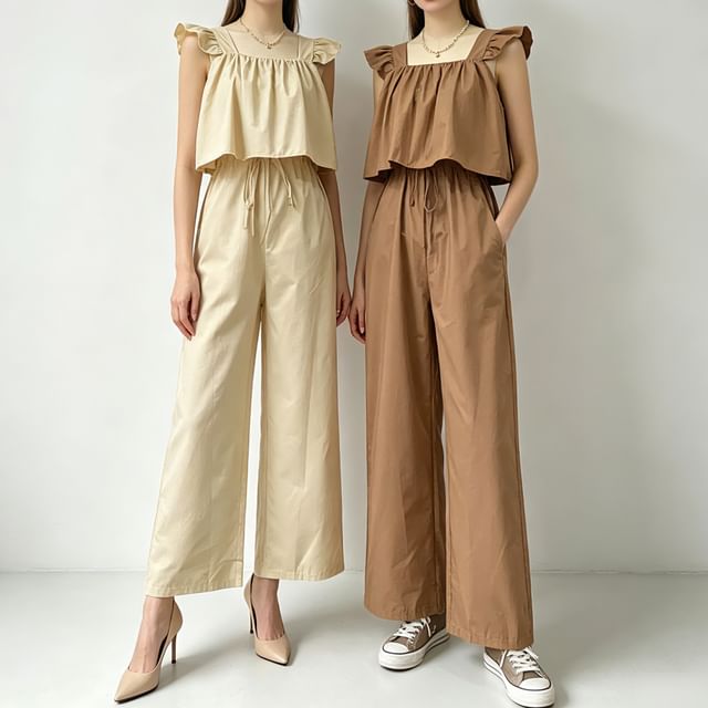 Synclo-Sleeveless Square Neck Plain Ruffle Mock Two Piece Wide Leg Jumpsuit