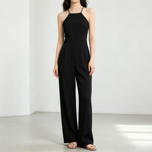 Synclo-Spaghetti Strap Plain Cutout Back Wide Leg Jumpsuit