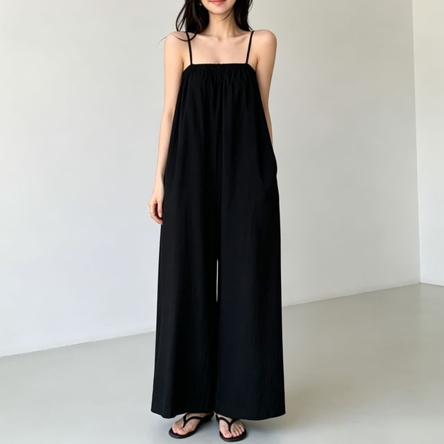 Synclo-Spaghetti Strap Plain Wide Leg Jumpsuit