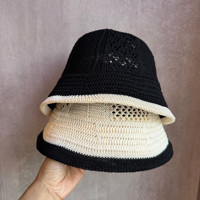 TAAK-Contrast Trim Eyelet Knit Bucket Hat