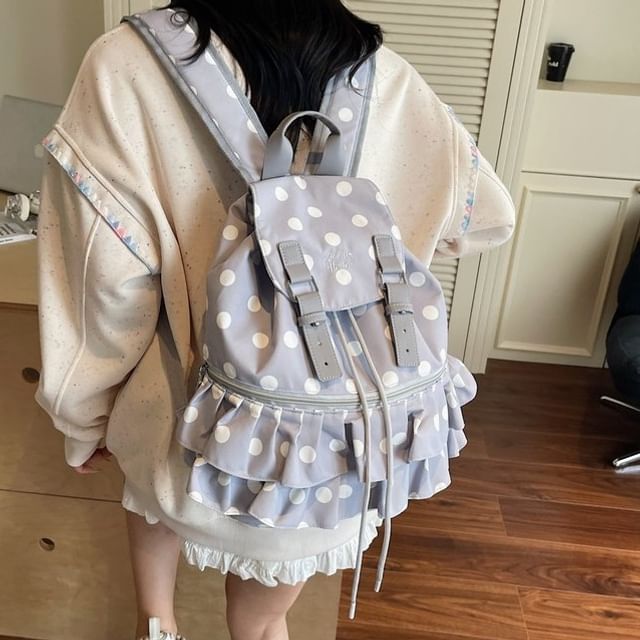 TangTangBags-Dotted Ruffle Trim Nylon Flap Backpack