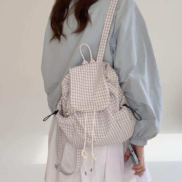 TangTangBags-Plaid Drawstring Nylon Flap Backpack