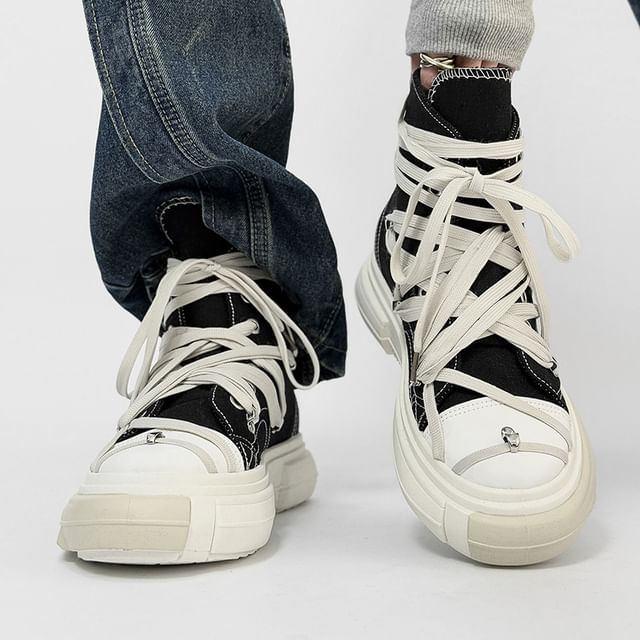 Tanzanite-Contrast Stitching Lace-Up Platform Sneakers