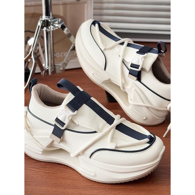 Tanzanite-Platform Buckled Faux Leather Sneakers