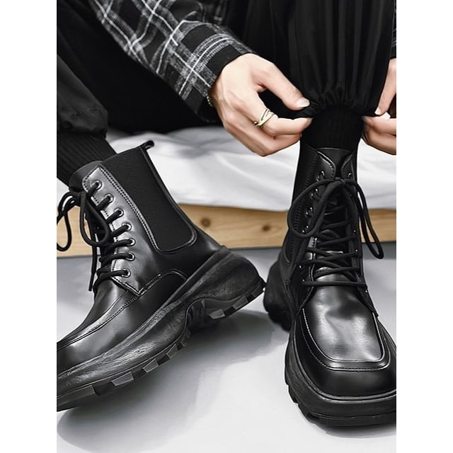 Tanzanite-Platform Lace-Up Faux Leather Short Boots