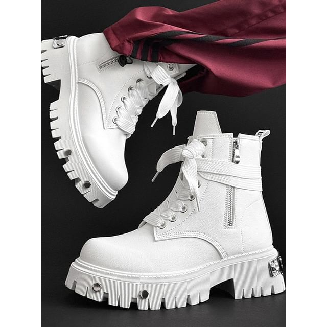Tanzanite - Platform Studded Lace-Up Faux Leather Short Boots | YesStyle