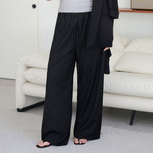 Telipino-Drawstring Waist Pinstriped Wide Leg Pants