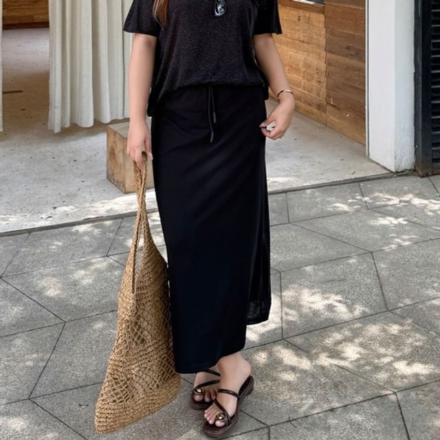 Telipino-Drawstring Waist Plain Midi A-Line Skirt