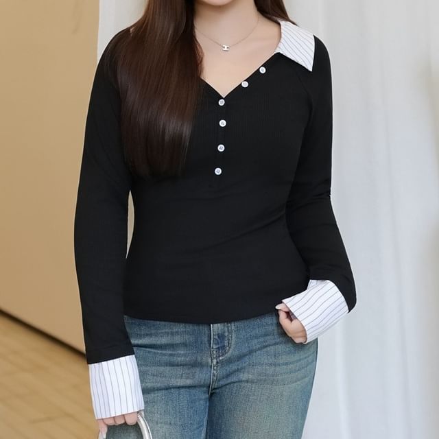 Telipino-Long-Sleeve Two Tone Polo Top