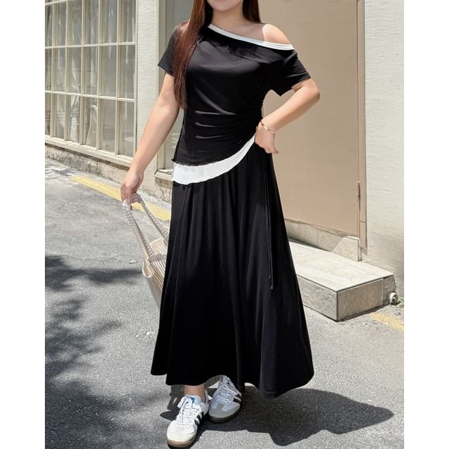 Telipino-Mock Two-Piece Short-Sleeve Off-Shoulder Two Tone Drawstring T-Shirt High Waist Plain Maxi A-Line Skirt