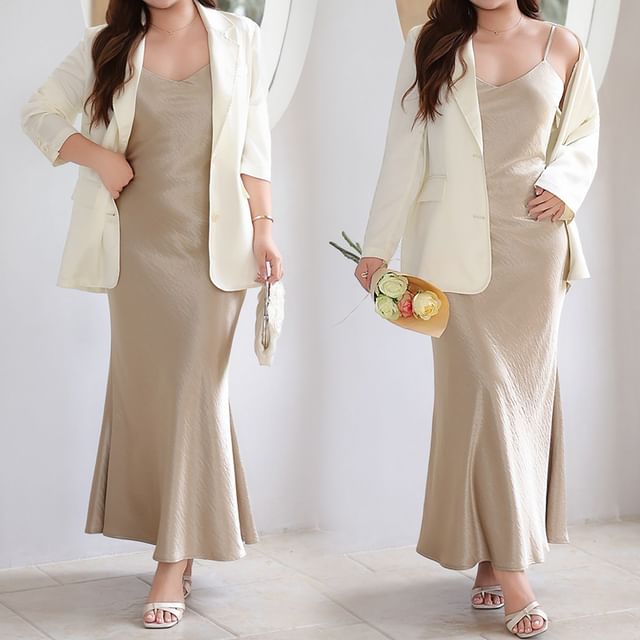 Telipino-Notch Lapel Plain Single Breasted Blazer Spaghetti Strap Plain Satin Maxi Mermaid Dress
