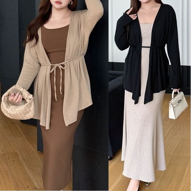 Telipino-Open Front Plain Cardigan