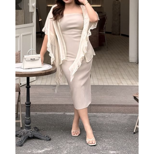 Telipino-Plain Ruffle Mesh Open Front Cape Jacket