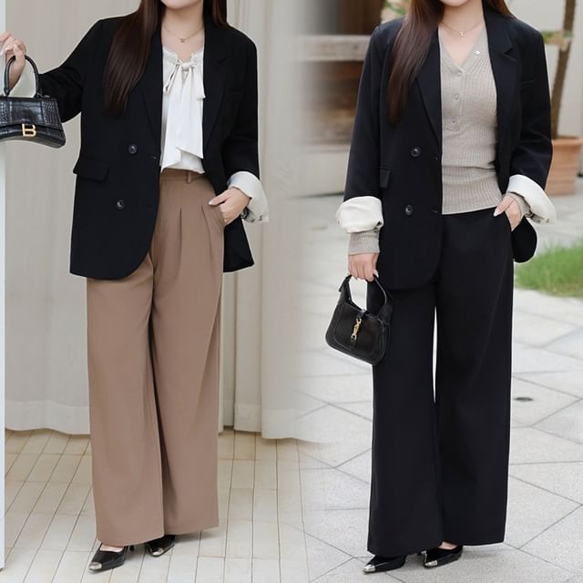 Telipino-Plus Size Lapel Collar Plain Button Up Blazer