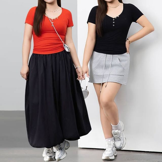 Telipino-Short-Sleeve Half Buttoned Plain Top