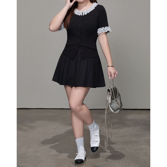Telipino-Short-Sleeve Lace Trim Button-Up Plain Top