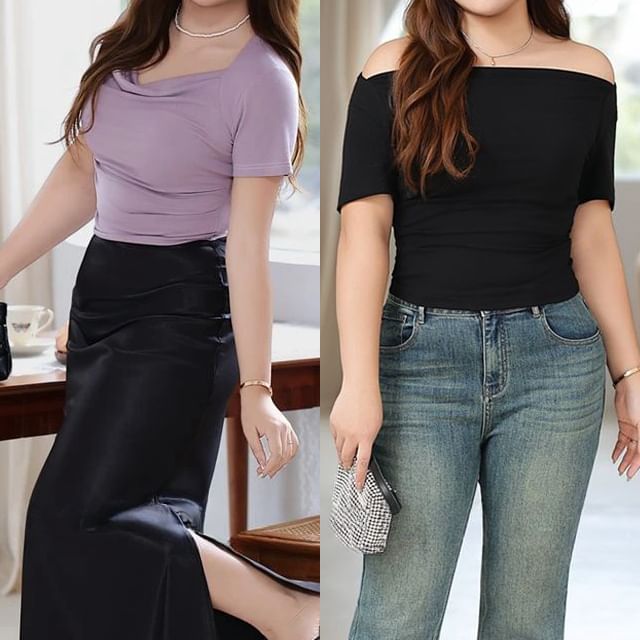 Telipino-Short-Sleeve V-Neck Plain Crop Top