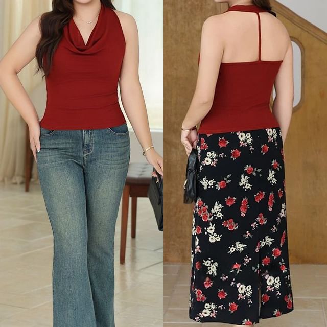 Telipino-Sleeveless V-Neck Plain Crop Top