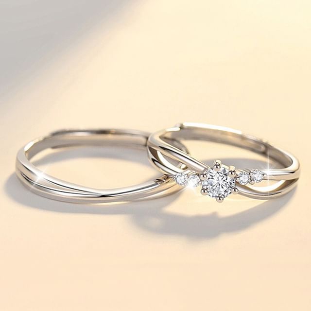 Tinseltown-Couple Matching Helical Alloy Open Ring Rhinestone Alloy Open Ring