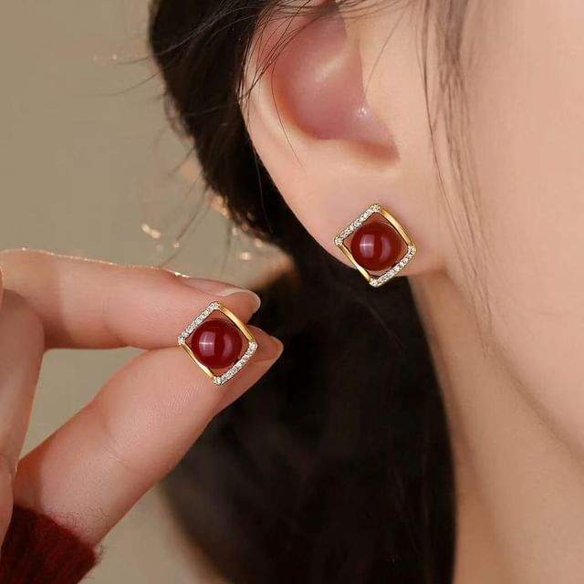 Toinianimos-Sterling Silver Bead Rhinestone Ear Stud
