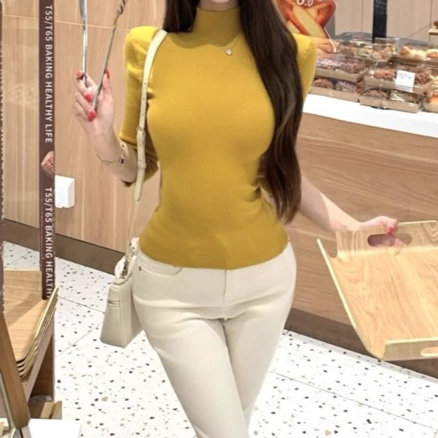 Trendycas-34 Sleeve Mock Neck Plain Knit Top