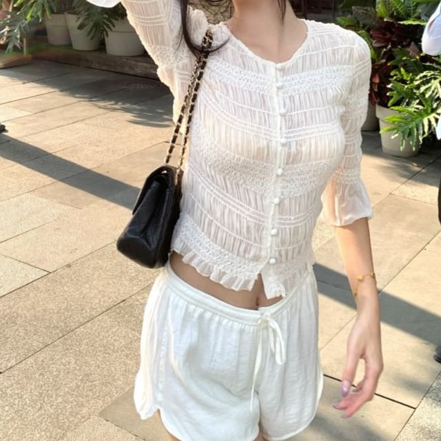 Trendycas-34-Sleeve Round Neck Plain Sequin Cropped Blouse