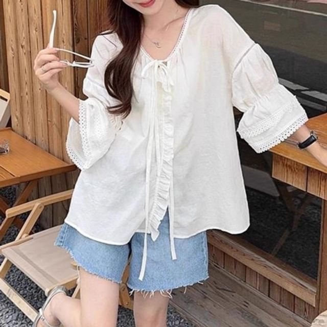 Trendycas-34-Sleeve V-Neck Plain Ruffle Trim Blouse