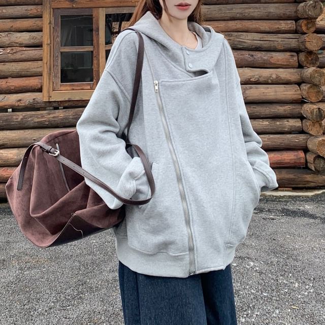 Trendycas-Asymmetrical Plain Zip-Up Jacket