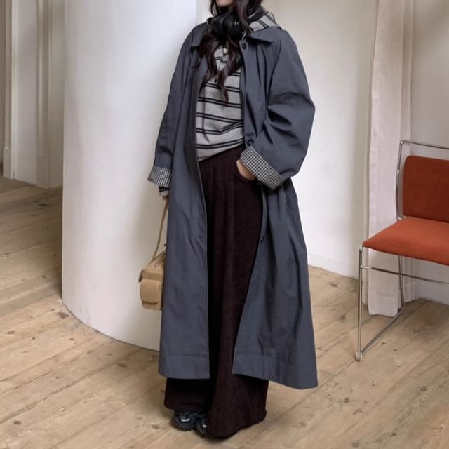 Trendycas-Button-Up Plain Long Trench Coat