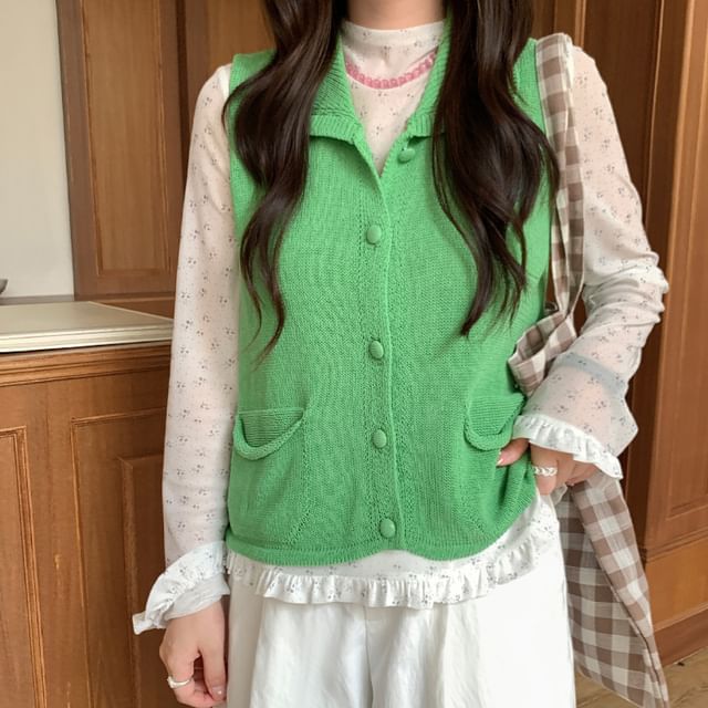 Trendycas-Button-Up Plain Sweater Vest