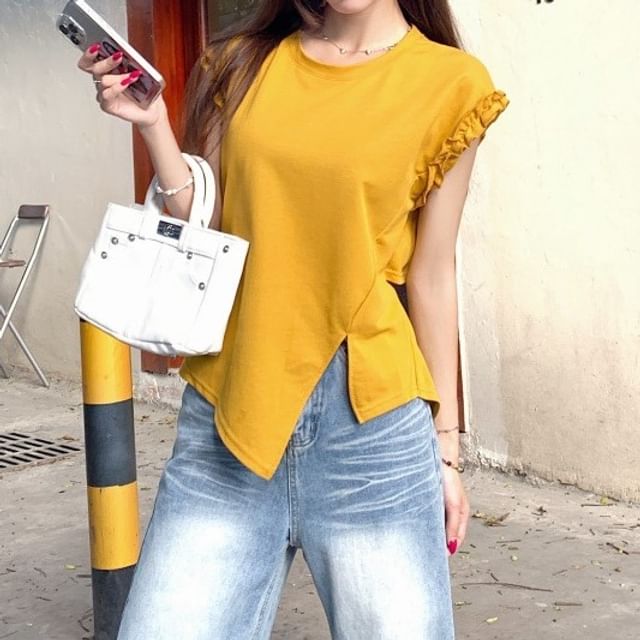 Trendycas-Cap-Sleeve Crew Neck Plain Asymmetrical Slit Ruffle Trim Tee