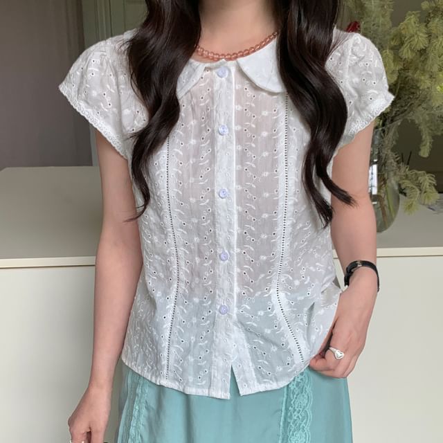 Trendycas-Cap-Sleeve Peter Pan Collar Embroidered Eyelet Button-Up Blouse
