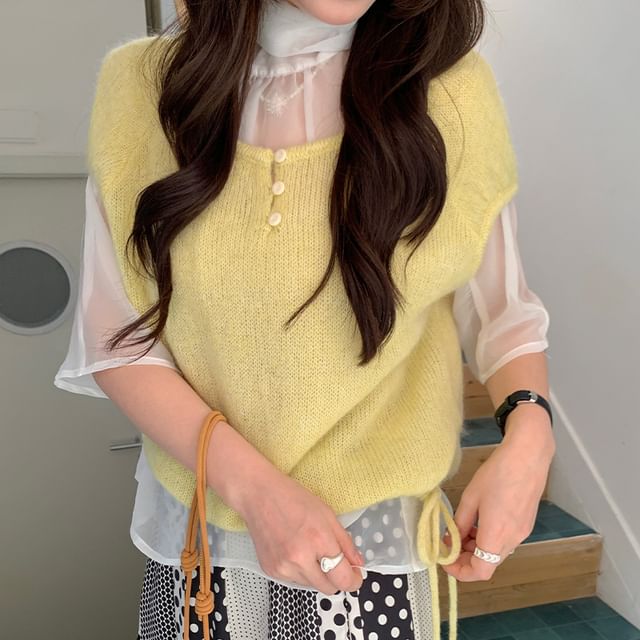Trendycas-Cap Sleeve Scoop Neck Plain Drawstring Button Knit Top