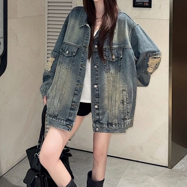 Trendycas-Collar Distressed Washed Denim Button Jacket